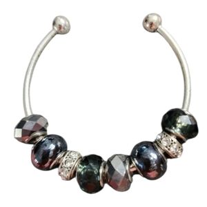 Silvertone and Black Beaded Bracelet